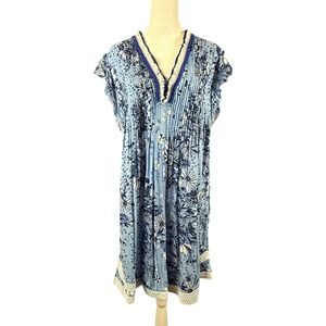 Poupette St Barth Dress Large Blue Floral Pintuck Crochet Trim Mini Boho Cottage